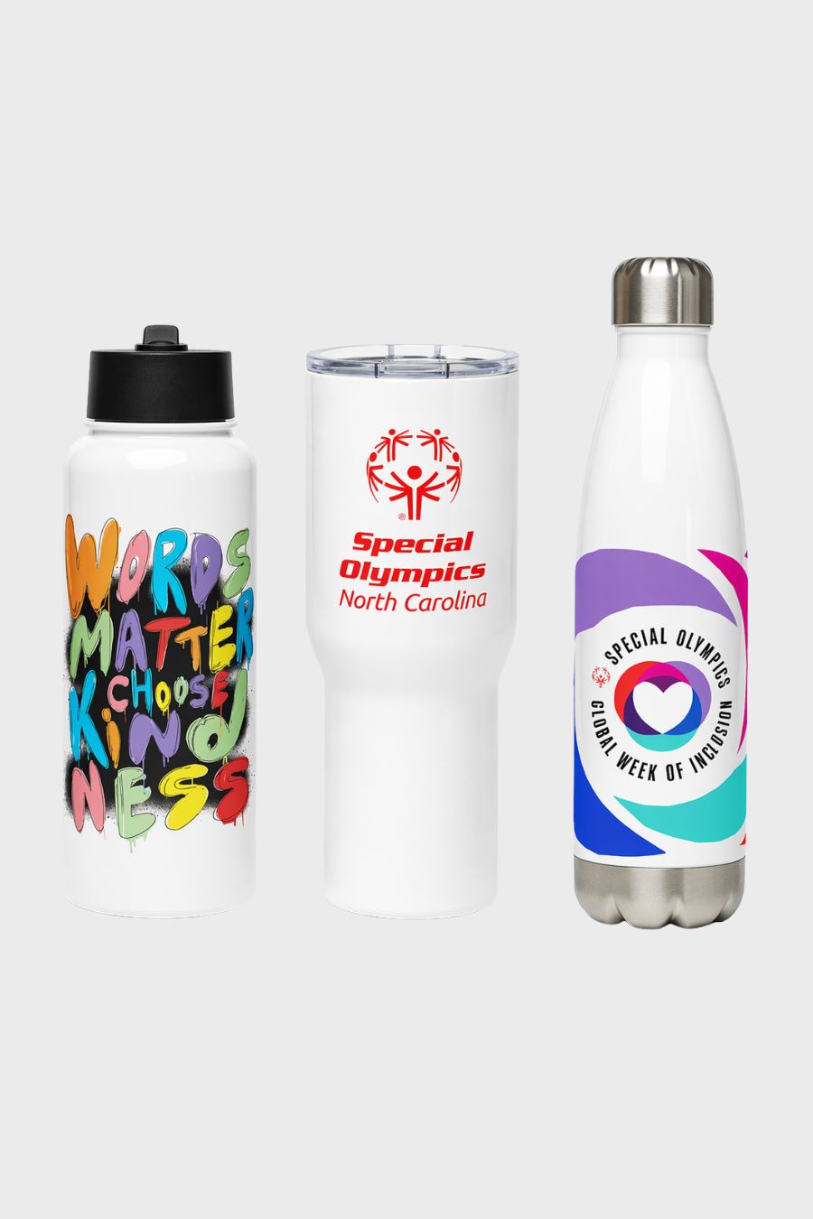 Three insulated bottles with different designs and text on a white background