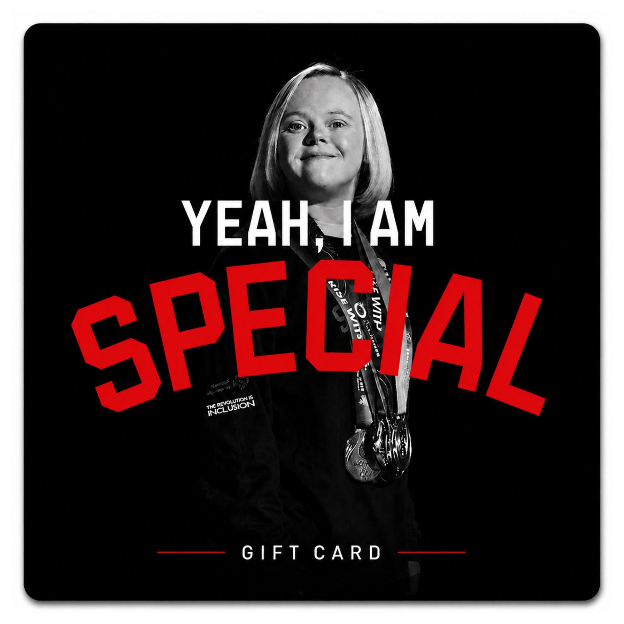 A square gift card design with a black background, a grayscale portrait of a smiling woman wearing medals, large red text reading 'SPECIAL', smaller white text reading 'YEAH, I AM' and 'GIFT CARD', plus red ribbon graphics in the corners.