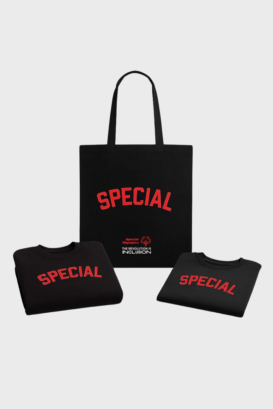 Black tote bag and two black shirts with 'SPECIAL' text on a white background